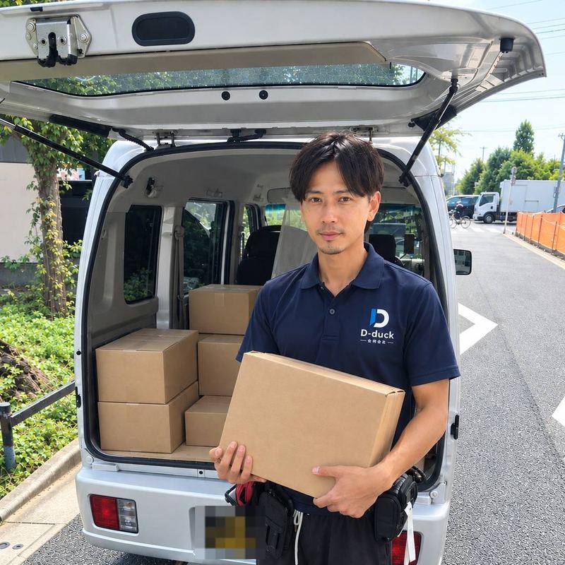 軽バンの前に立つ30代男性ドライバー